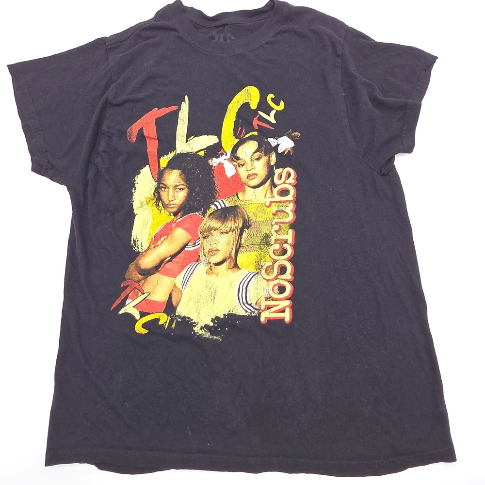 TLC Graphic Tee Shirt Mens Large Black No Scrubs R&B Music Short Sleeve flaw